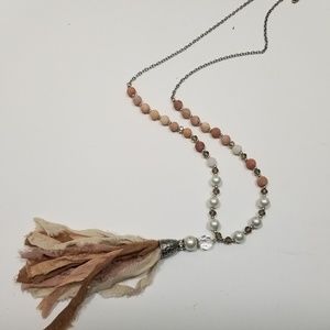 Crystal Stone & Pearl Sari Silk Tassel Necklace